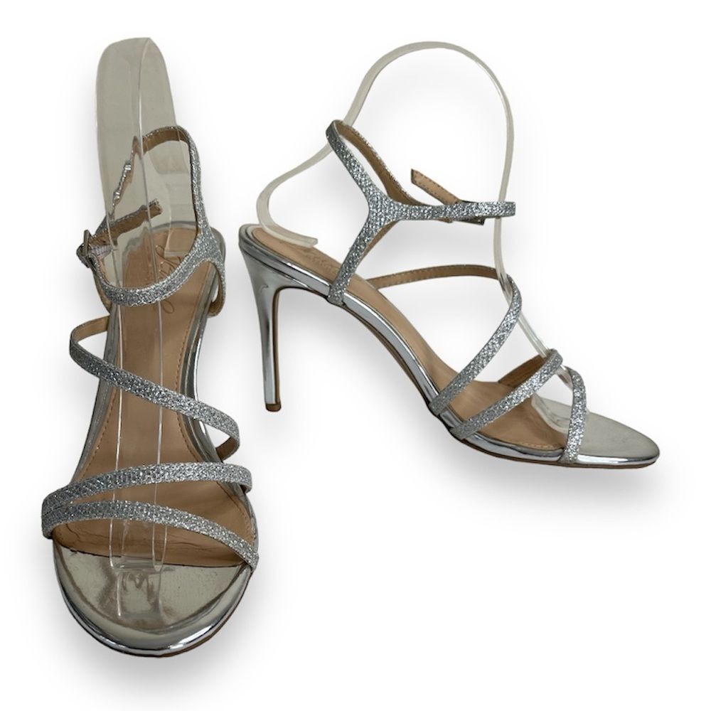 Jewel Badgley Mischka Maddison Silver Glitter Strappy Sandal Heel Women 8 Shoe